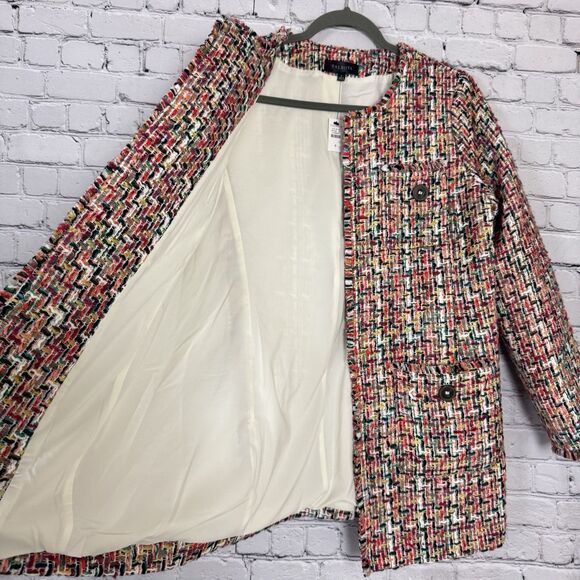 NWT Talbots Candy Tweed Fringe Topper Open Jacket Coat Women 8 Red Multi Pockets - Picture 5 of 13